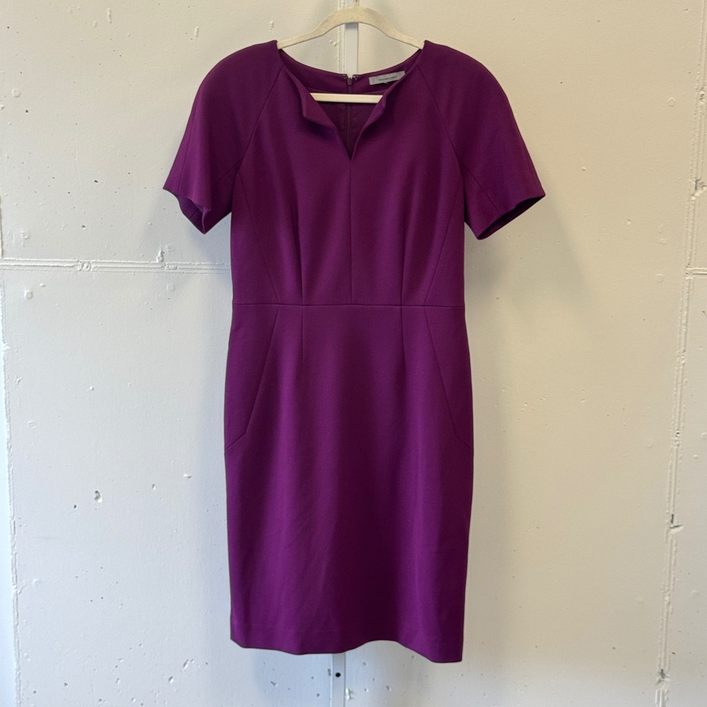 Vintage Classiques Entier Ponte Knit Sheath Dress Split Neck Pockets Purple Lg